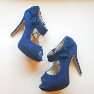 Designed by Olho blue suede peep toe heels